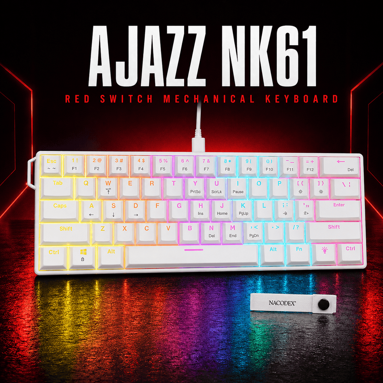 AJAZZ NK61 60% RGB მექანიკური კლავიატურა – Red Switch, თეთრი