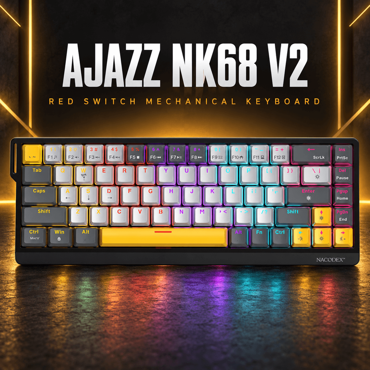 AJAZZ NK68 V2 Gray & Yellow – 65% გეიმინგ კლავიატურა Red სვიჩებით